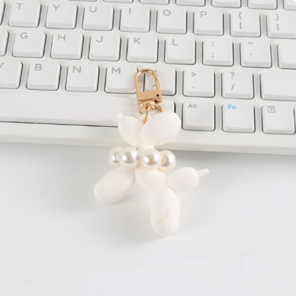 NEW Balloon Art Dog With Pearl Collar Bag Charm Keychain Clip Keyring
